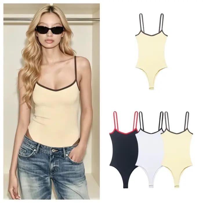 Combinaison Femme Été 2026 Nouvelle Collection Style Fille Tendance Col Rond Biais Coloré Bretelles Tissu Mélange Coton