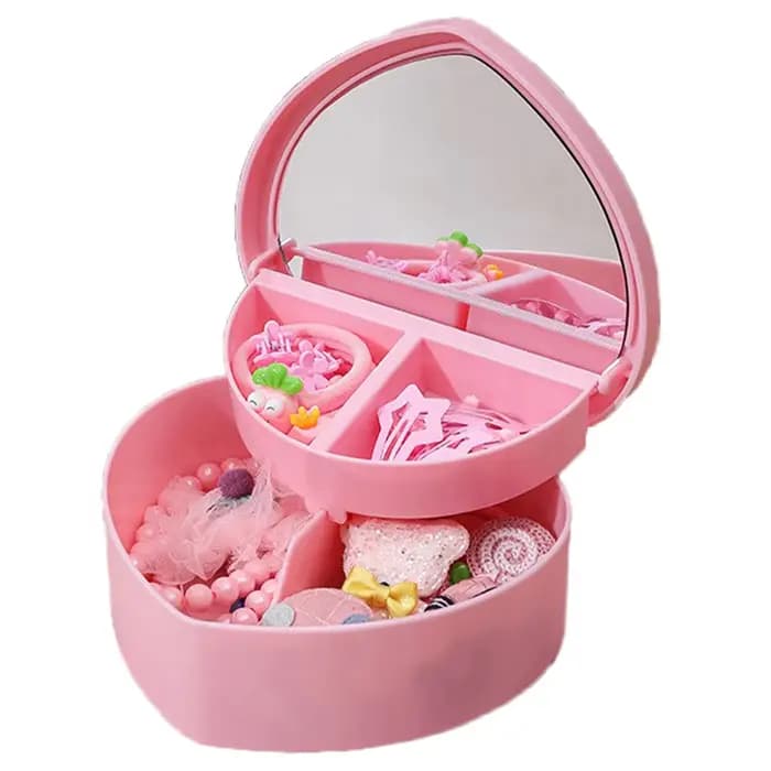 Boîte d'accessoires pour cheveux, rangement de bijoux avec miroir, pinces à cheveux roses, organisateur d'élastiques pour filles et enfants, étui de voyage Portable