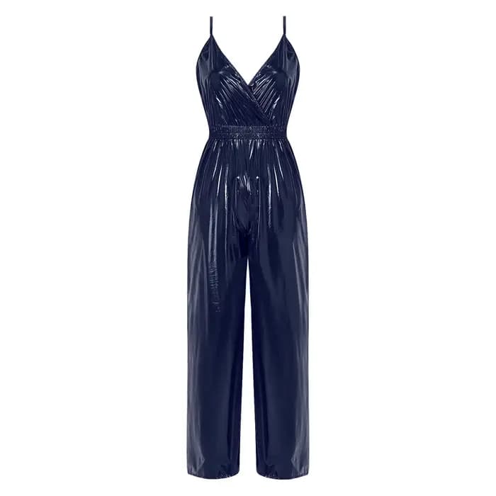 Combinaison brillante imperméable pour femme, bretelles réglables, col en V, taille élastique, jambe large, tenue de soirée, clubwear, streetwear