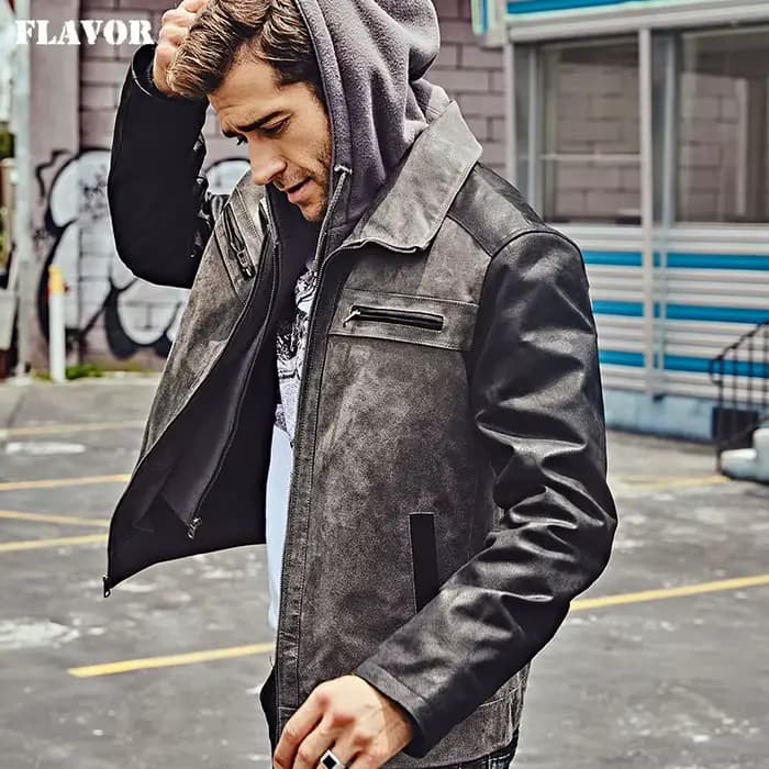 Veste en cuir véritable pour homme FLAVOR avec capuche amovible