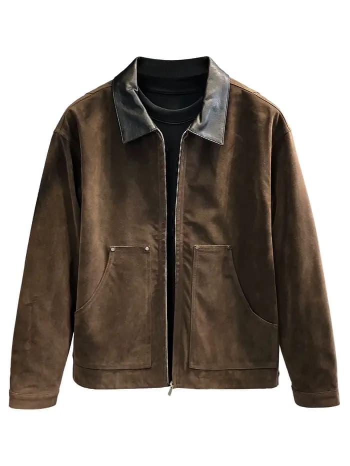 Veste en cuir de moto Amekaji en daim rétro marron foncé avec revers