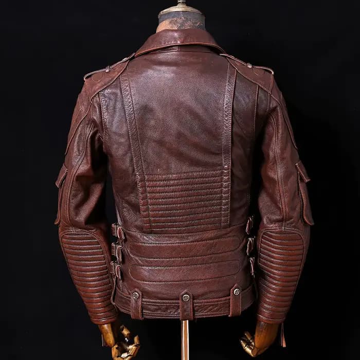 Veste en cuir de moto marron rouge pour hommes