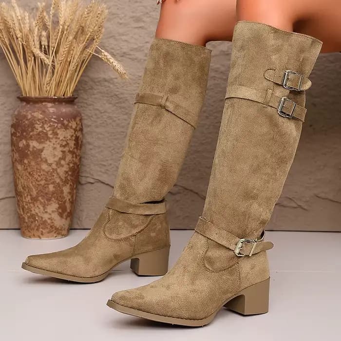 Bottes hautes en faux daim tendance pour femme, collection automne 2026, à bout pointu et talon épais, style western et cowboy