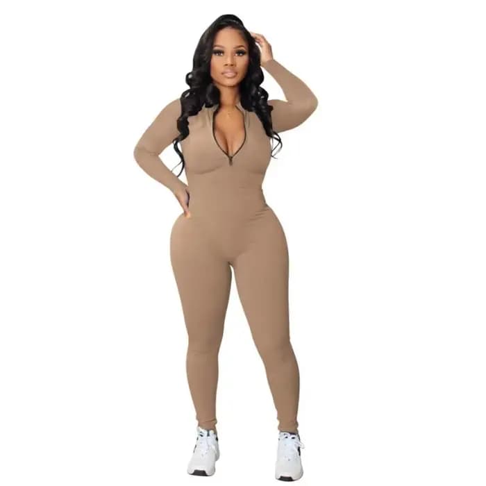 Combinaison longue côtelée zippée pour femme 2025 – Le summum de la mode athlétique, combinaison à manches longues, col en V zippé, body long