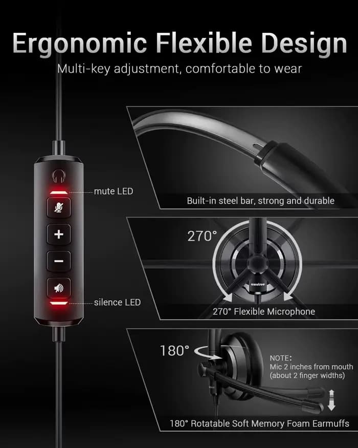 Casque USB filaire Awatrue avec micro anti-bruit pour PC portable, contrôle intégré, son amélioré et léger