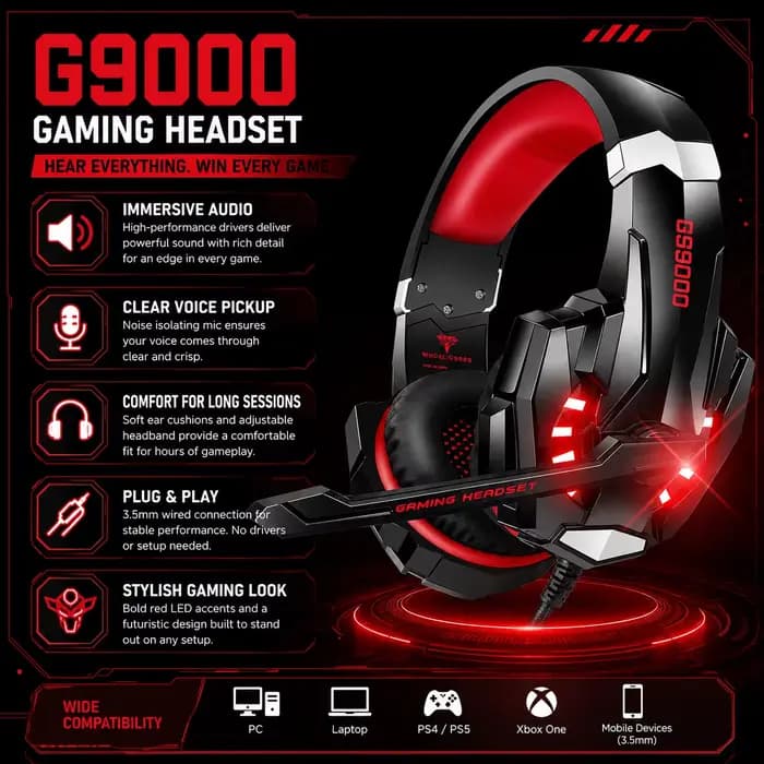 Casque de jeu filaire G9000 rouge avec micro anti-bruit, casque stéréo à basses profondes avec LED pour PC PS4 PS5 Xbox