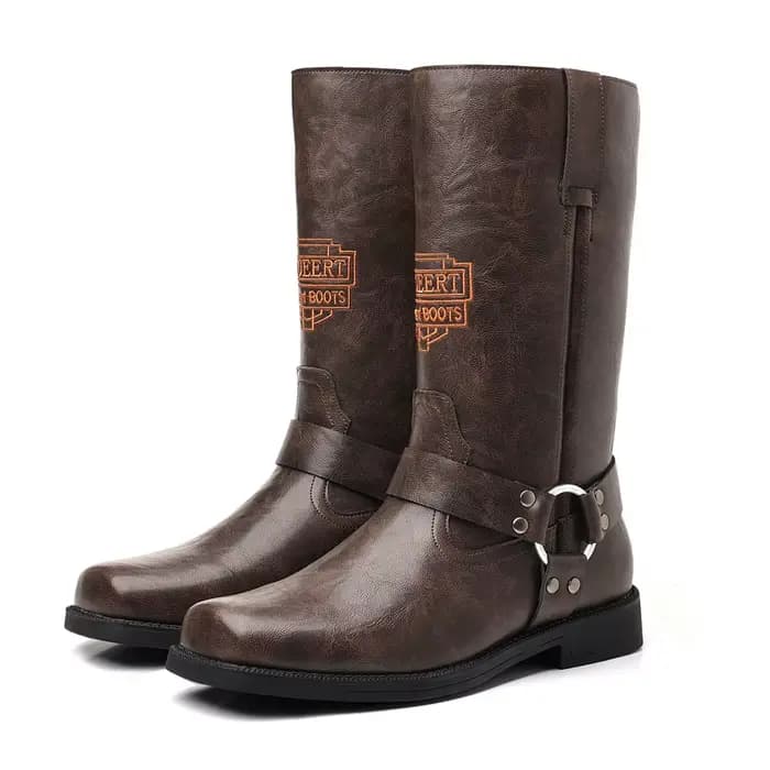Bottes en cuir pour hommes avec manchon brodé rétro pour bottes de moto, bottes de cowboy western à tige large