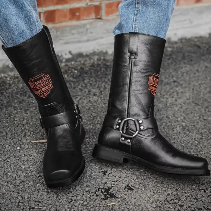 Bottes en cuir pour hommes avec manchon brodé rétro pour bottes de moto, bottes de cowboy western à tige large