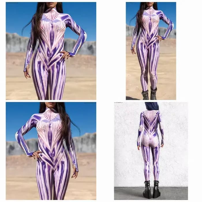 Combinaison moulante sexy pour femme, costume de cosplay pour festival de musique, performance scénique, combinaison intégrale rayée violette