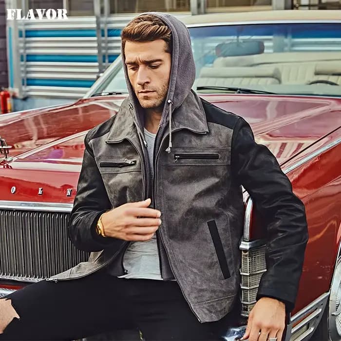 Veste en cuir véritable pour homme FLAVOR avec capuche amovible