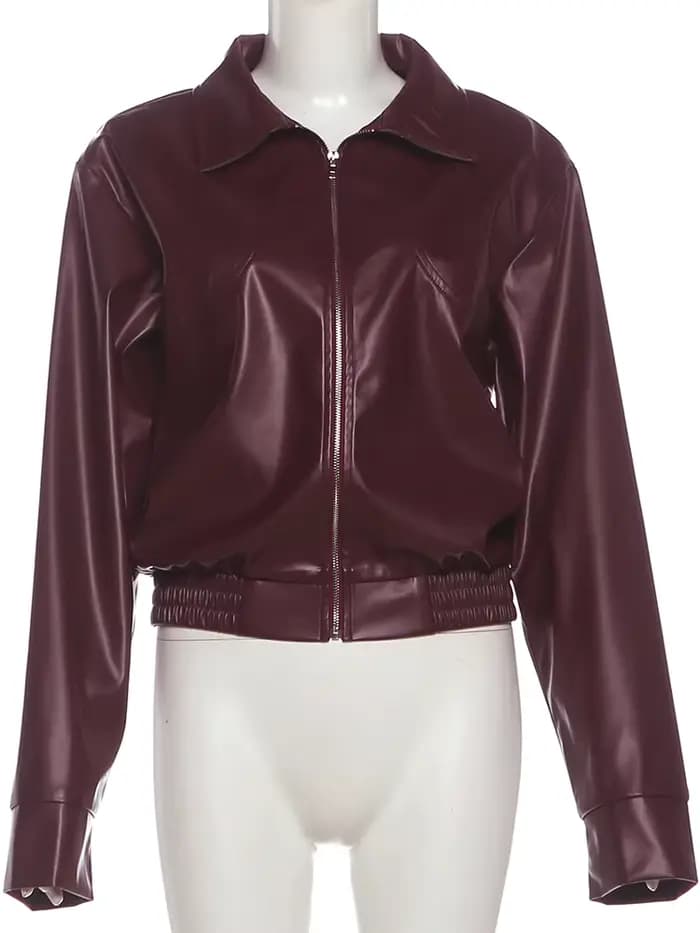 Nibber Zipper Veste Femme Faux Cuir Automne Tendance Revers Plein Manches Hottie High Street Mode Polyvalent Style Basique Manteaux