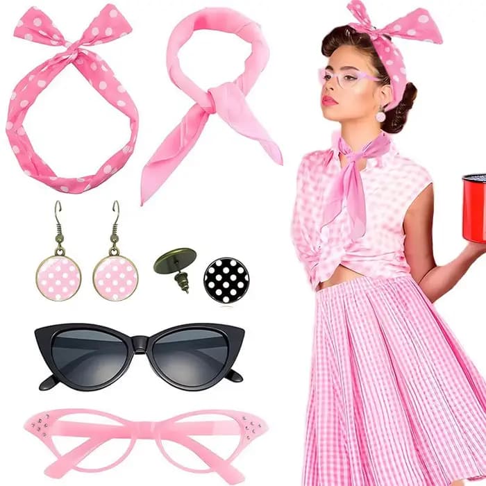Ensemble d'accessoires de fête Carnival années 1950 à pois : Lunettes œil-de-chat, Bandeau rétro à pois, Gants, Boucles d'oreilles – Tenue d'Halloween