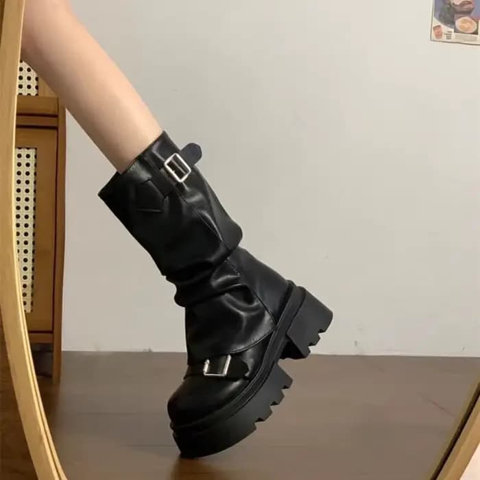 Bottines de motard à plateforme avec boucle de ceinture pour femmes
