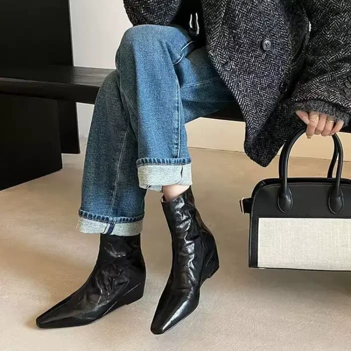 Bottines à bout pointu en peau de mouton douce pour femme, bottines Vintage à talon bloc, talon bas, fermeture éclair au dos, automne/hiver 2025