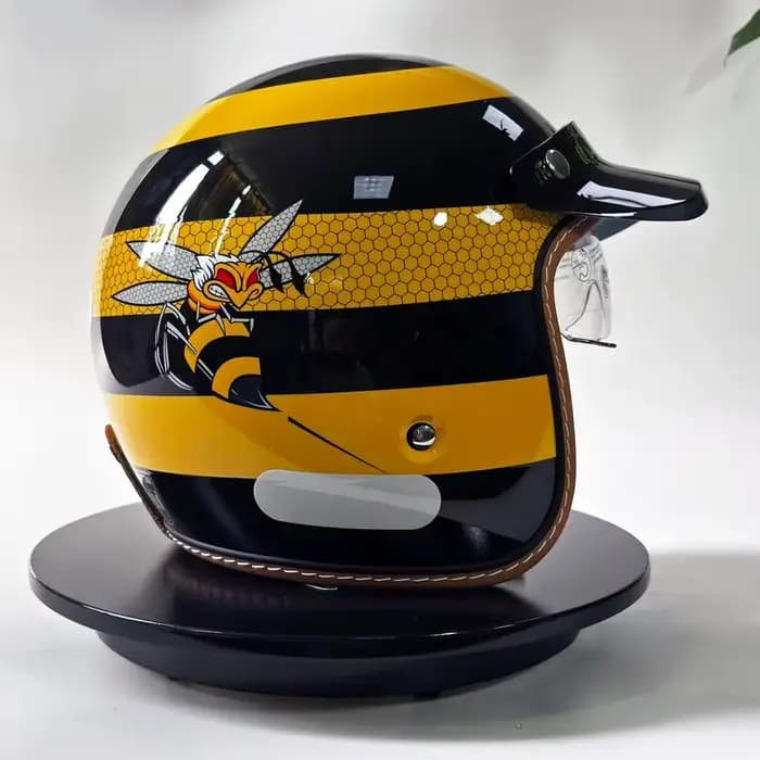 Nouveau casque de moto rétro abeille jaune coque 3/4 pare-brise intégré