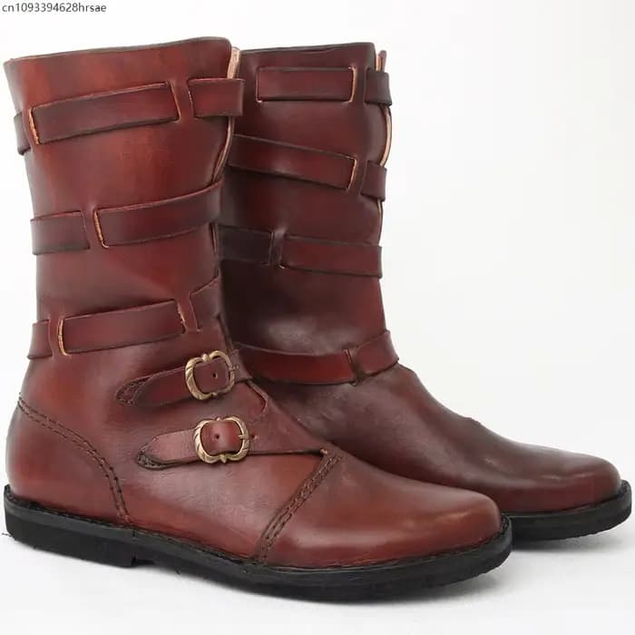 Bottes mi-mollet en cuir vintage à multiples boucles pour hommes