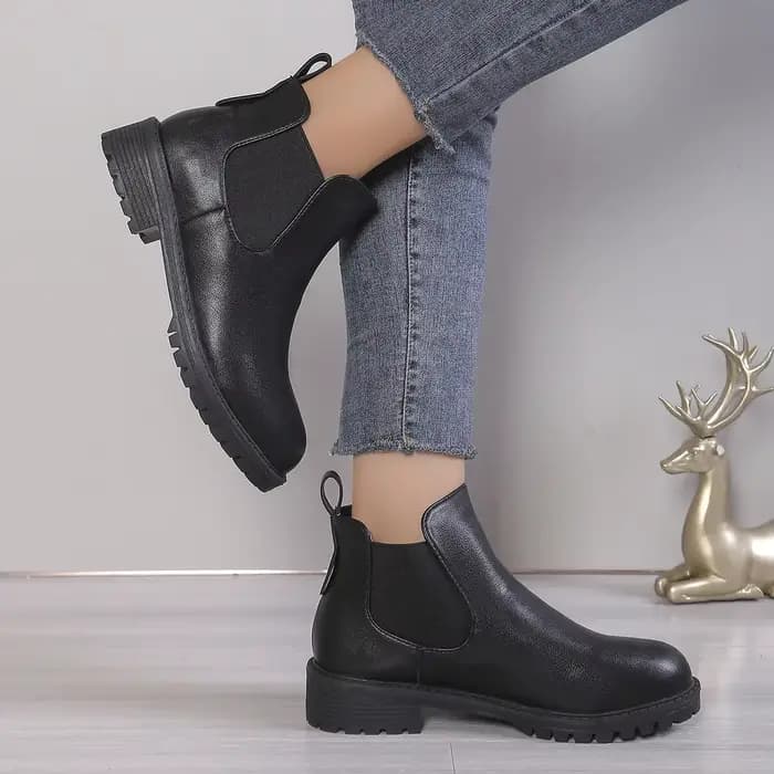 Bottines Chelsea décontractées à bout rond pour femmes, bottes courtes en cuir PU noir, confortables, talons bas, à enfiler, 2024