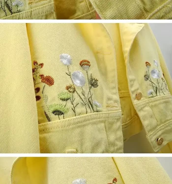 Veste en jean à manches longues brodée jaune français pour femmes printemps et automne nouveau manteau court décontracté Joker de haute qualité à la mode.