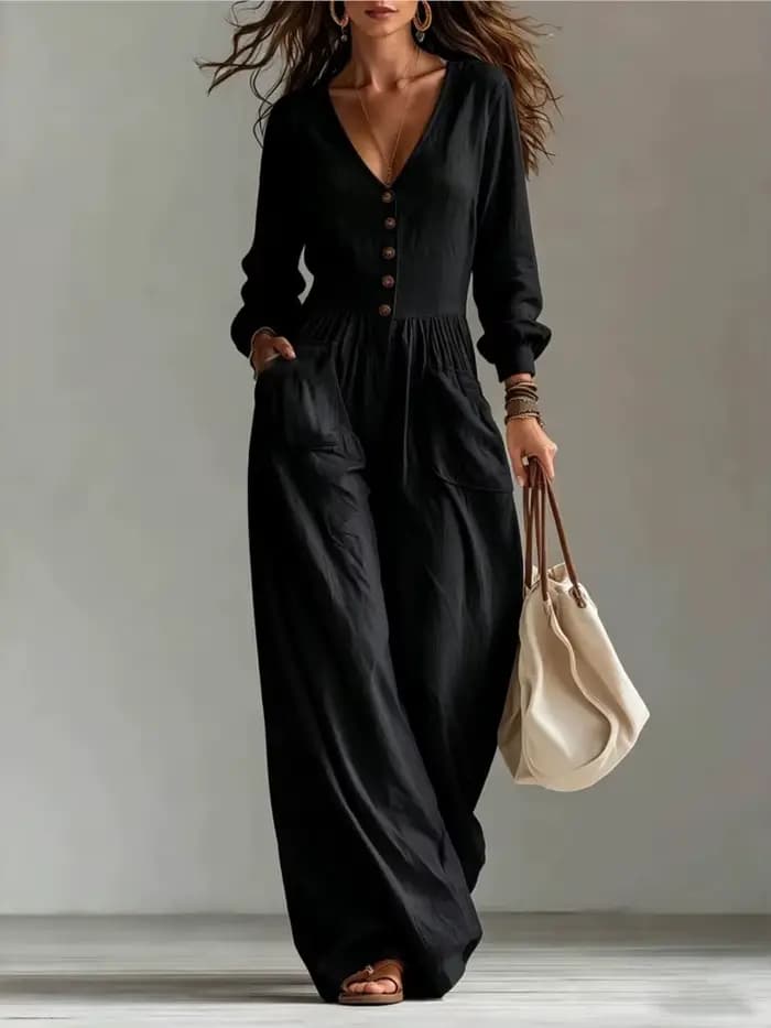 Combinaison blanche pour femme, col en V profond, manches longues, boutonnée sur le devant, jambes larges, décontractée, avec poches, tenue de plage pour les vacances