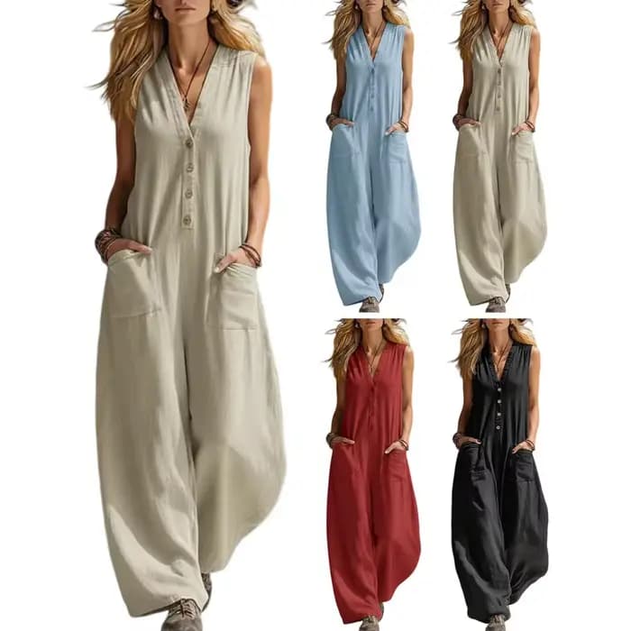 Combinaison décontractée sans manches en coton et lin avec poches pour femme, couleur unie, style chemise, pour l'automne