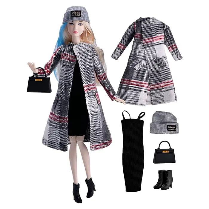 Tenues de poupée à la mode, manteau long d'hiver, chapeau, sac à main, bottes, vêtements de poupée à la mode, accessoires, costume de déguisement pour poupées de 11.5 pouces JJ