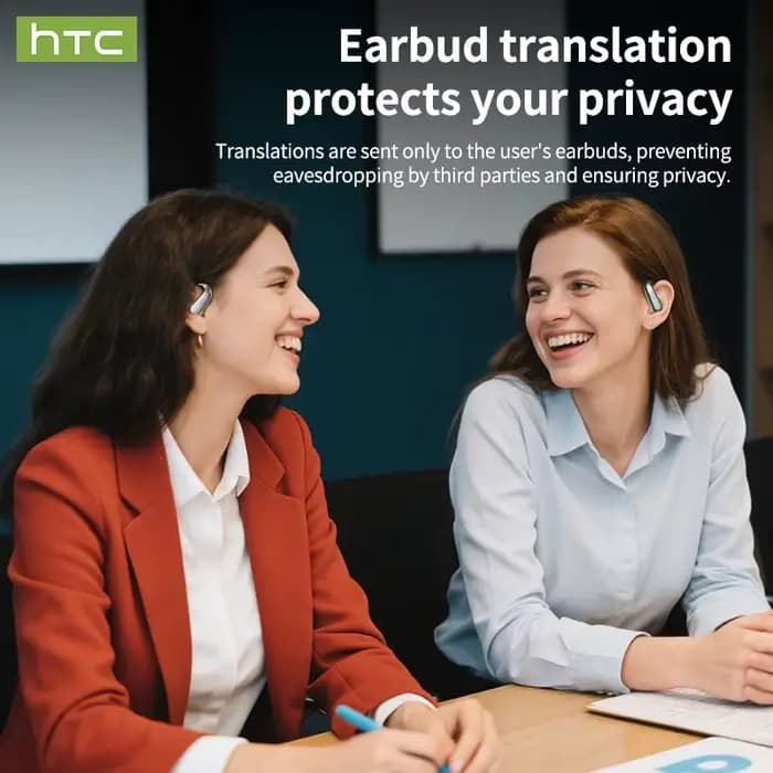 Casque Bluetooth sans fil HTC avec traduction IA, portable, faible latence, USB-C, son clair, ajustement confortable, anti-perte pour la musique et le sport