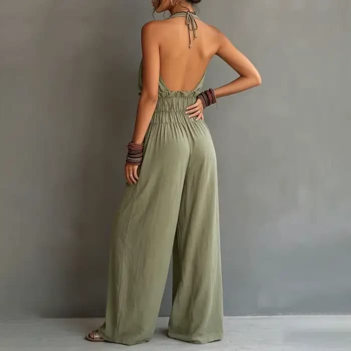 Combinaison Halter pour femme, décolleté plongeant sans manches, dos nu, jambes larges, tenue décontractée fluide pour la plage avec poches