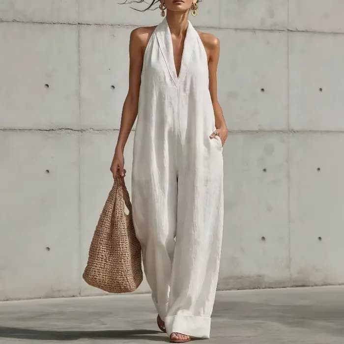 Combinaison décontractée d'été pour femmes, coupe ample, à jambes larges, col halter, sans manches, col en V, couleur unie, pour les vacances et le quotidien