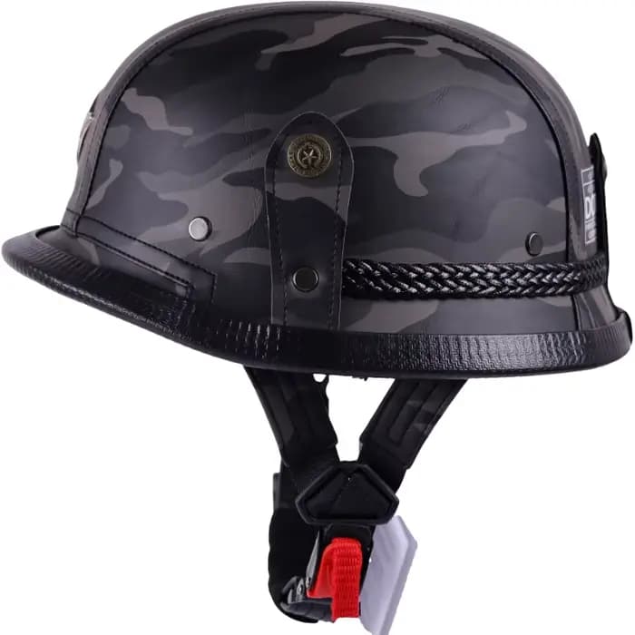 Casque de moto rétro demi-coque ouvert en cuir de 128 mm fabriqué allemand avec visière ouverte certifiée DOT