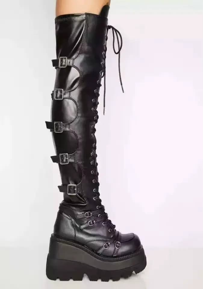 Bottes hautes de moto compensées à plateforme pour femmes