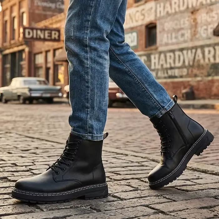 Bottes de combat en cuir noir pour hommes