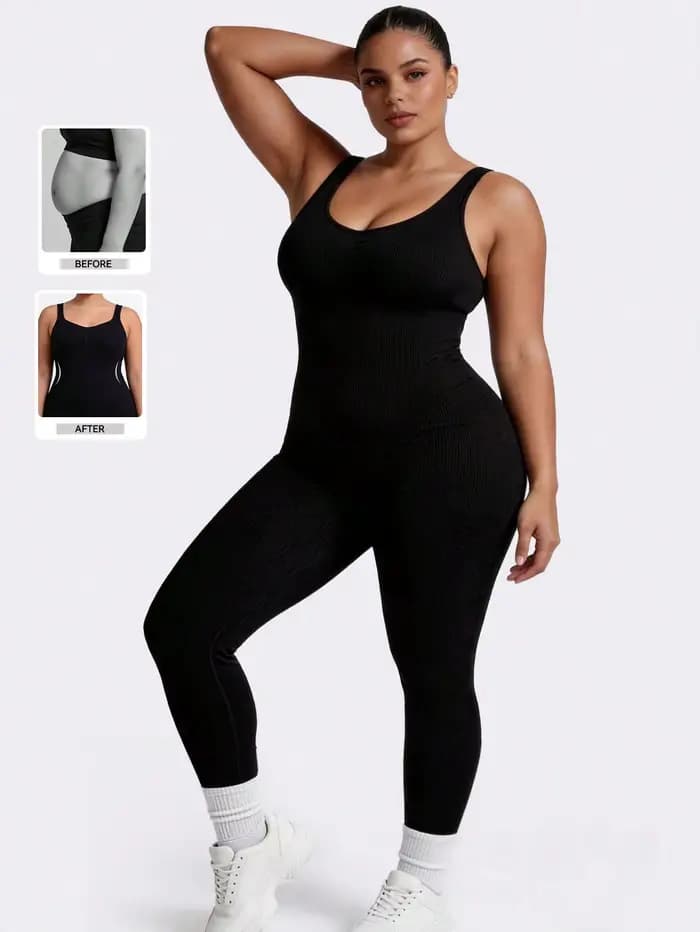 Combinaison de yoga sans coutures pour femme, grande taille — Dos nu, col en U, sans manches — Bodysuit gainant effet push-up fessier — Tenue de fitness et d'entraînement