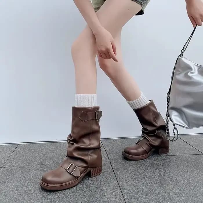 Bottes de motard rétro en cuir PU pour femmes