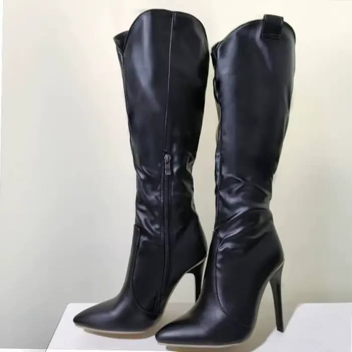 Talons hauts femmes mi-mollet bottes côté fermeture éclair bout pointu bottes Stiletto femmes chaussures