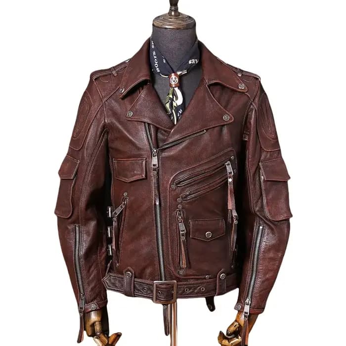 Veste en cuir de moto marron rouge pour hommes