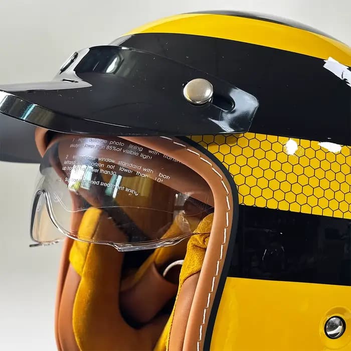 Nouveau casque de moto rétro abeille jaune coque 3/4 pare-brise intégré