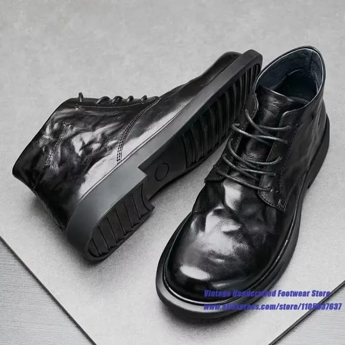 Bottes pour hommes en cuir de vachette noir froissé