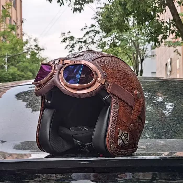 Casque de moto en cuir PU rétro 3/4