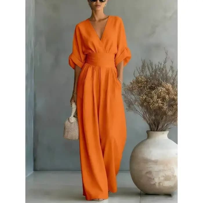 Nouvelle combinaison de sport pour femme, printemps-été, élégante, taille cintrée, col en V, pantalon large, décontractée, trois-quarts de manche, 5XL