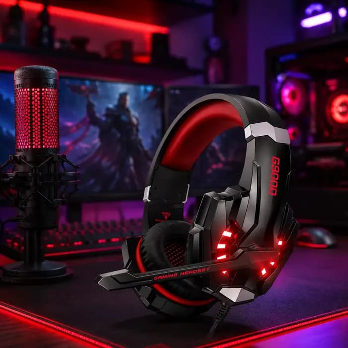 Casque de jeu filaire G9000 rouge avec micro anti-bruit, casque stéréo à basses profondes avec LED pour PC PS4 PS5 Xbox