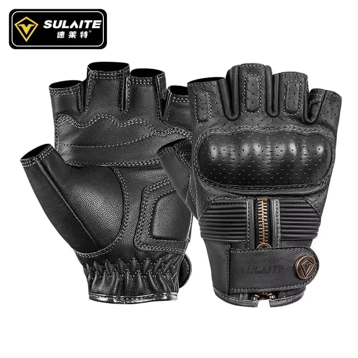 Sulaite Vintage peau de chèvre en cuir demi doigt gants de Moto rétro noir gris sans doigts