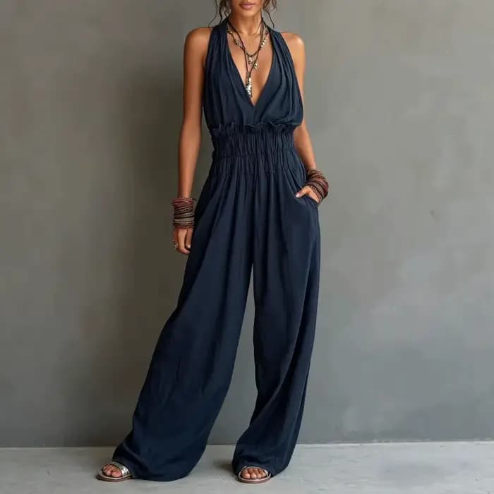 Combinaison Halter pour femme, décolleté plongeant sans manches, dos nu, jambes larges, tenue décontractée fluide pour la plage avec poches