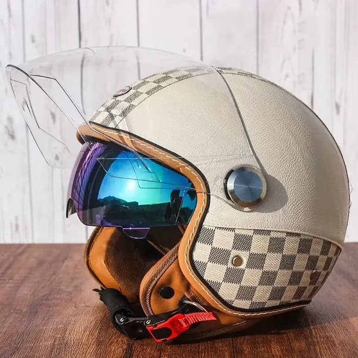 Demi-casque de moto rétro en cuir à Double visière