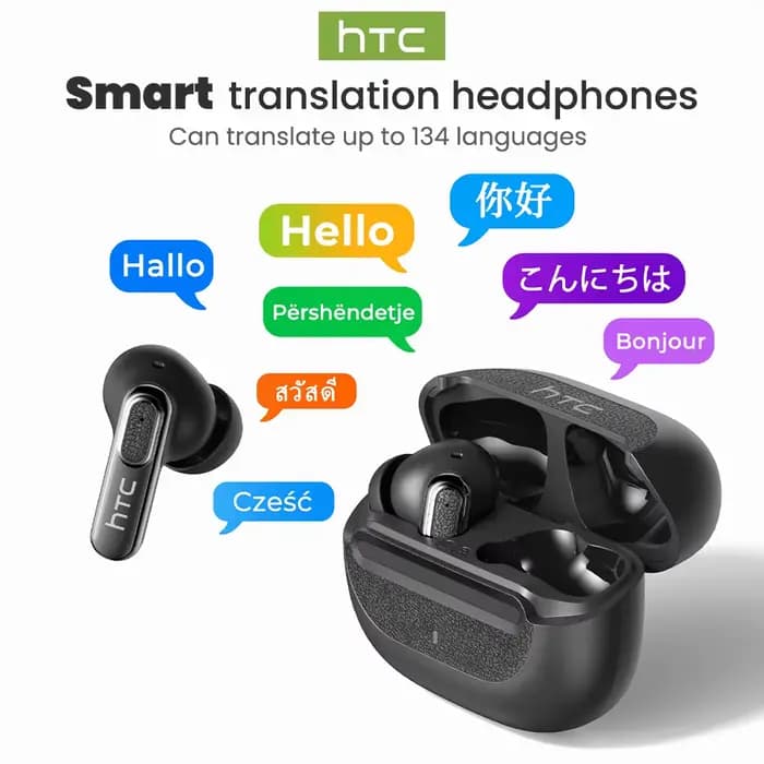 Écouteurs Bluetooth avec traduction IA en temps réel, 134 langues, confort intra-auriculaire, son surround pour les voyages et le travail, HTC NE60 TWS