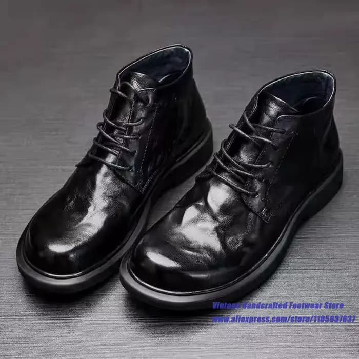 Bottes pour hommes en cuir de vachette noir froissé
