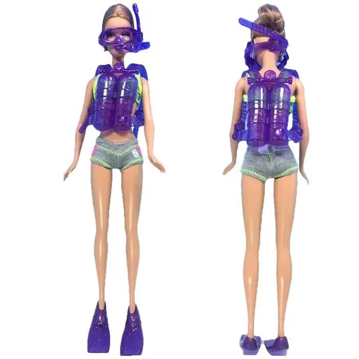 1 ensemble d'accessoires pour poupées de 11.5 pouces, pour poupées de 29 à 32CM, équipement de plongée violet, réservoir d'oxygène en plastique, lunettes de natation, pieds 1/6, cadeau