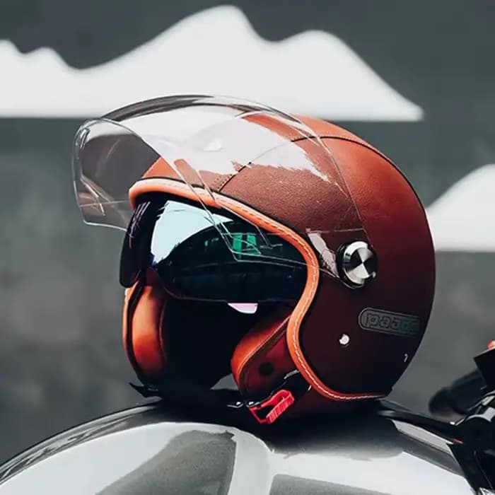 Demi-casque de moto rétro en cuir à Double visière