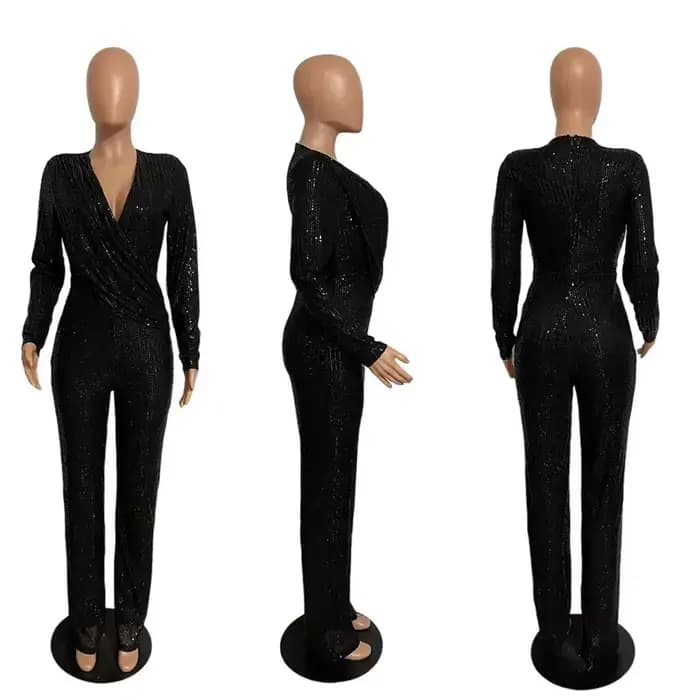 Combinaison personnalisée à paillettes pour femmes, nouvelle mode, manches longues, col en V, drapée, automne hiver, barboteuse, célébrité, soirée, Club O