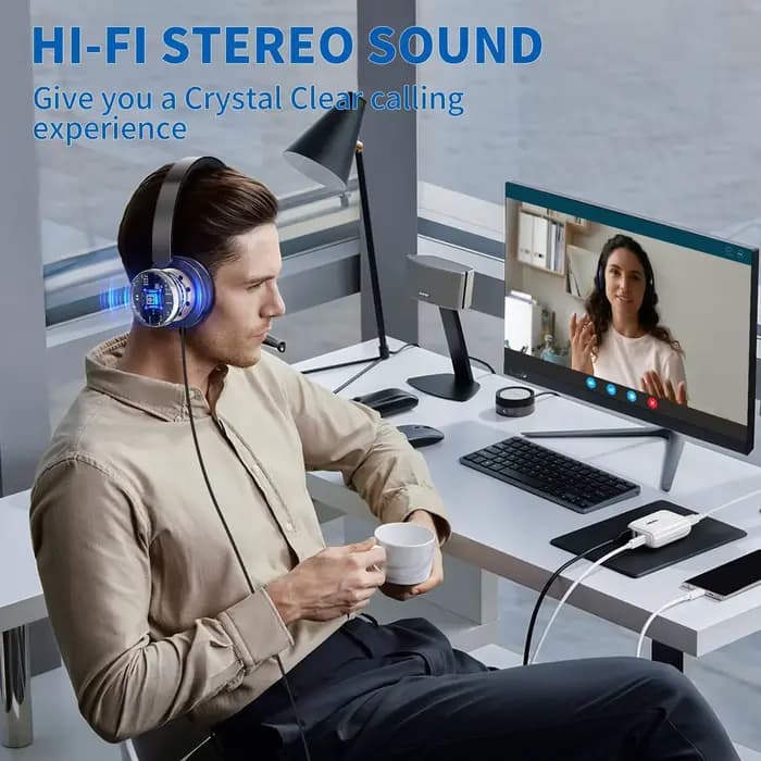 Awatrue Casque d'ordinateur USB pour travailler avec micro antibruit Commandes muettes en ligne Casque filaire pour bureau/centre d'appels/éxtes