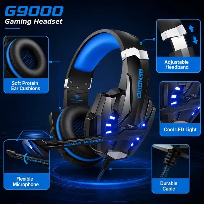 Casque de jeu filaire G9000 avec micro, casque stéréo supra-auriculaire à LED bleue pour PC PS4 PS5 Xbox Switch Ordinateur portable Mobile